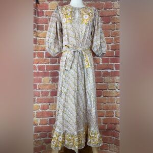 Marea by Liz Joy  Elegant Gold Floral Maxi Dress 3/4 Puff Sleeve Size 1 Bohemian